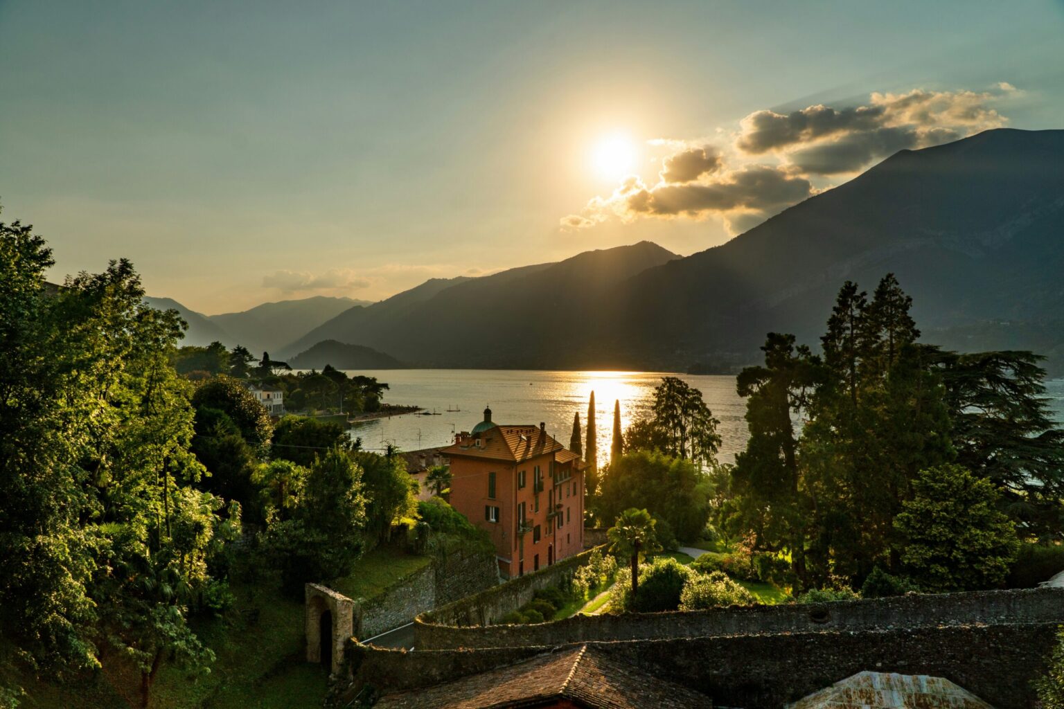 Sunset over an Italian lake and its mountains