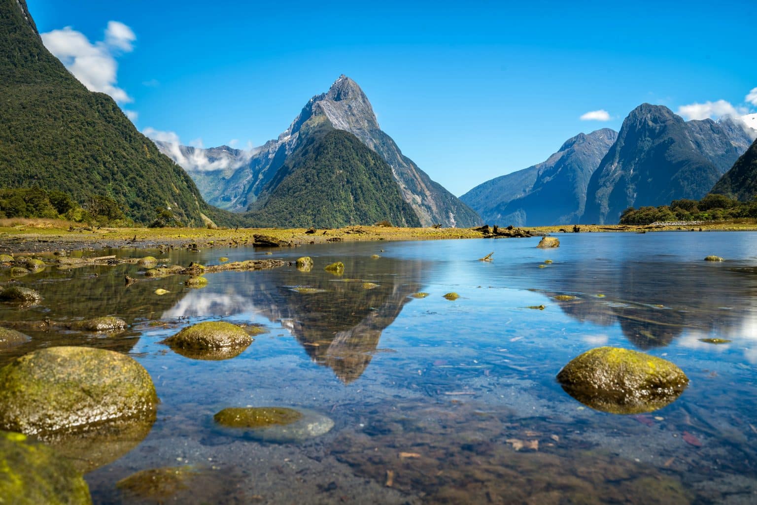 Mitre Peak reflected in Milford Sound, Fiordland